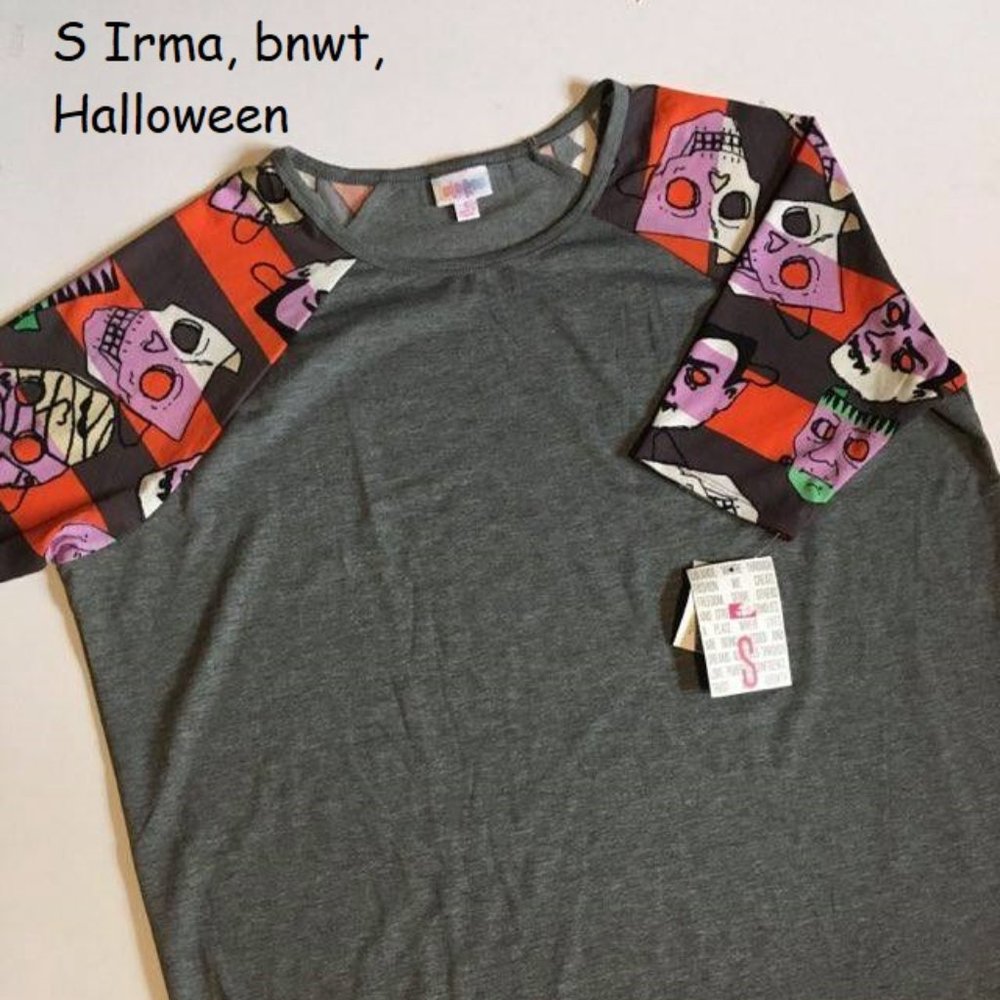 S Lularoe Irma tunic, Halloween masks on sleeves